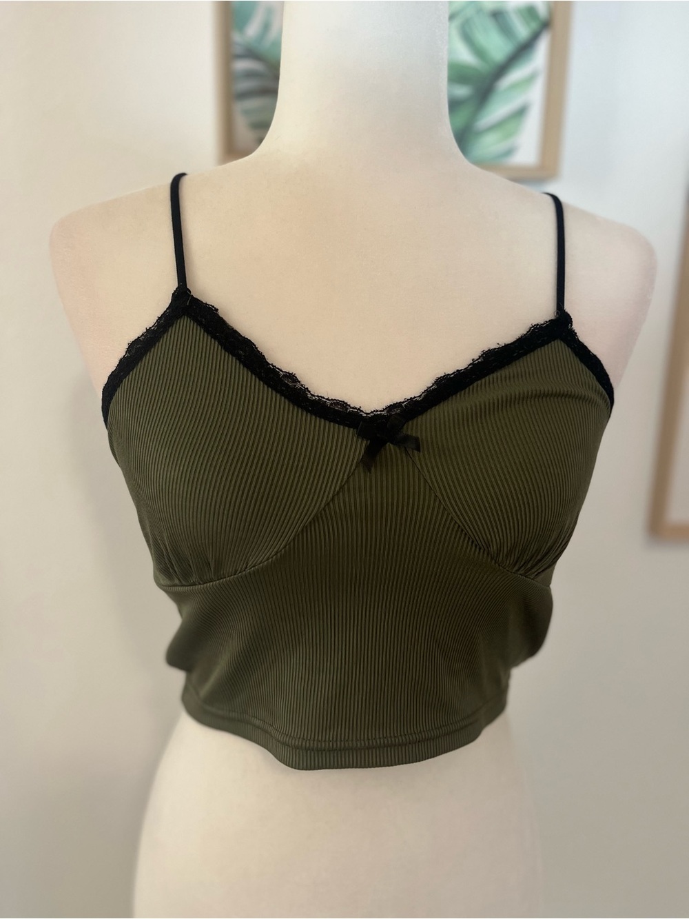 Olive Green Ribbed Tank Top With Black Lace Trim, Size S